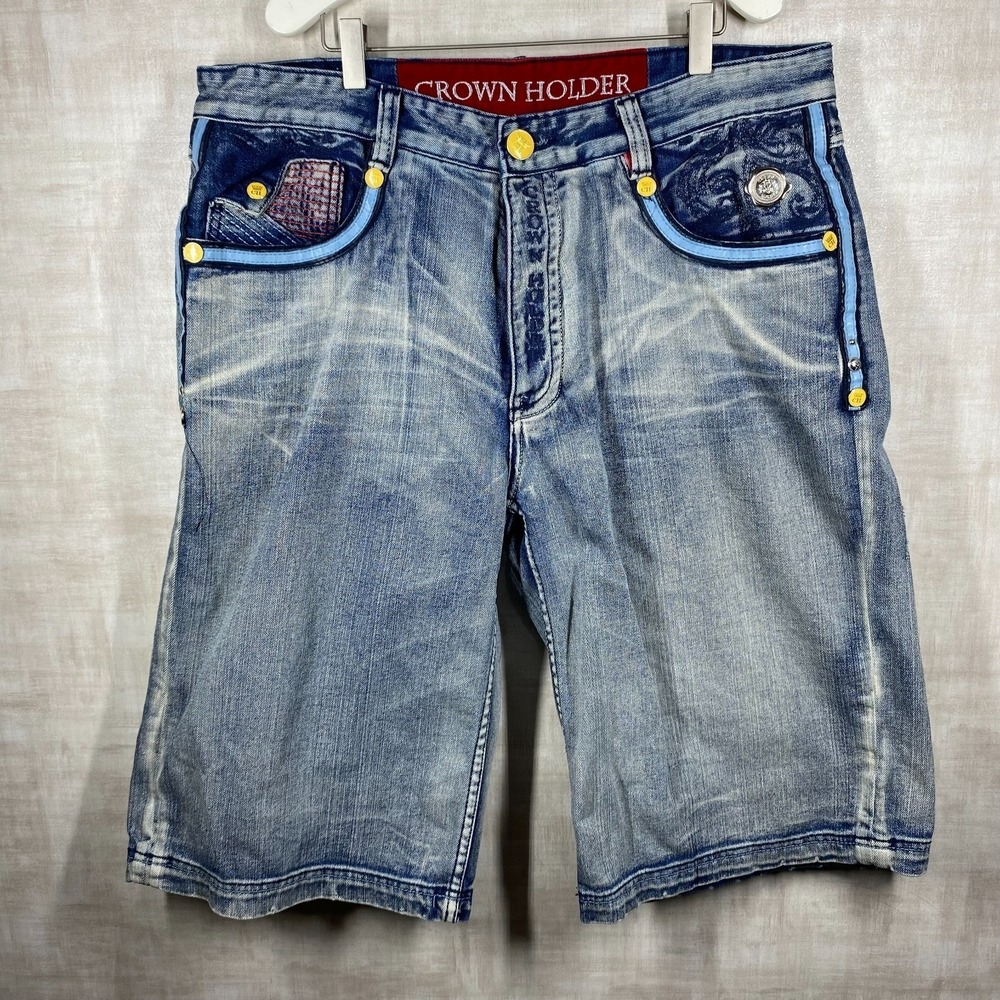 Crown Holder Mens Blue Denim Jean Shorts Embroidered Baggy Y2K Streetwear 38